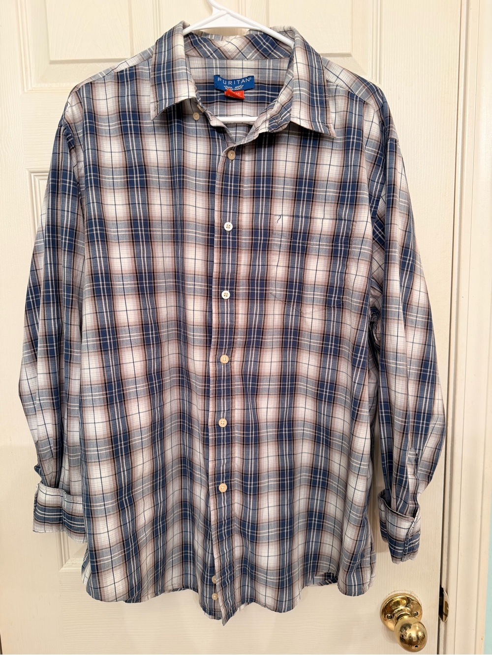 Puritan Blue and White Plaid Men’s Casual Button-Down Shirt